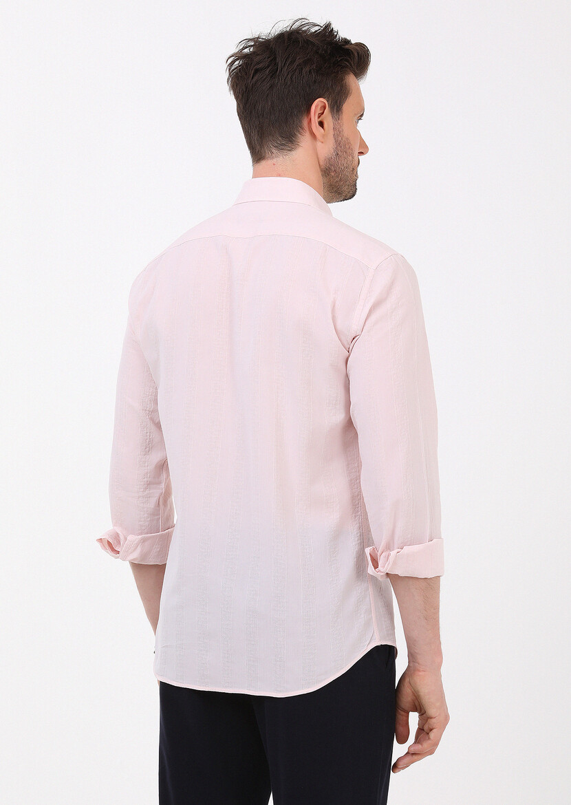 Light Pink Striped Slim Fit Weaving Casual 100% Cotton Shirt - 5