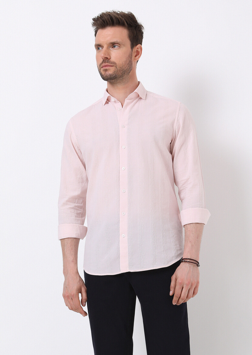 Light Pink Striped Slim Fit Weaving Casual 100% Cotton Shirt 