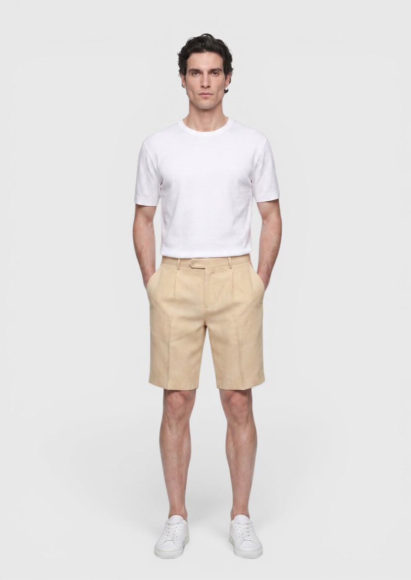Light Yellow Casual Fit Casual Linen Blended Bermuda - RAMSEY