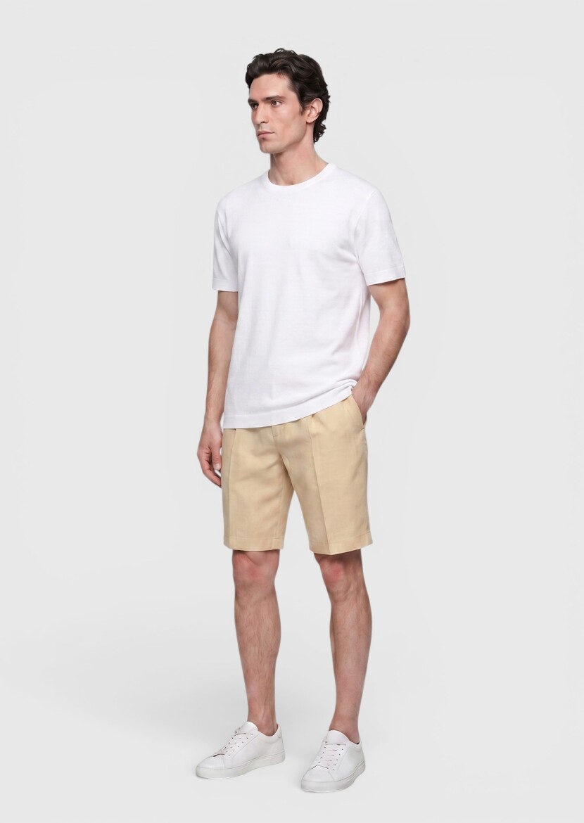 Light Yellow Casual Fit Casual Linen Blended Bermuda - RAMSEY