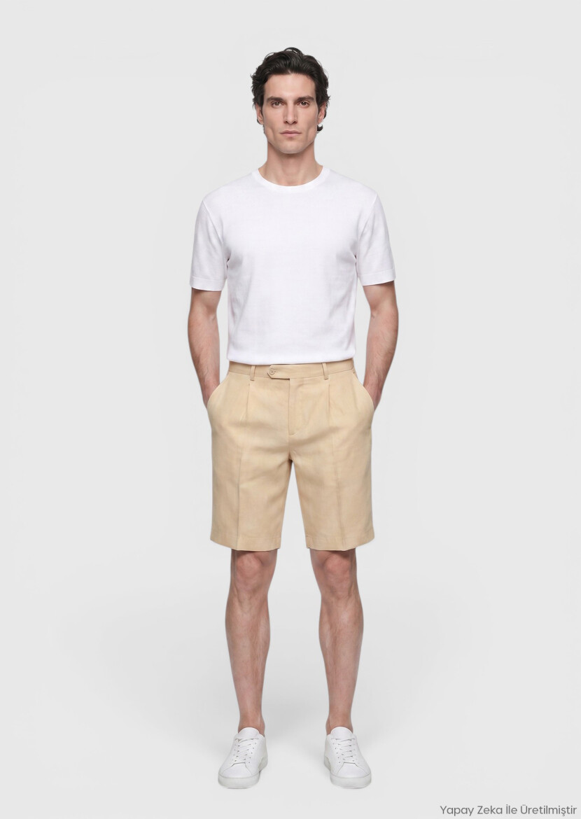 Light Yellow Casual Fit Casual Linen Blended Bermuda - RAMSEY