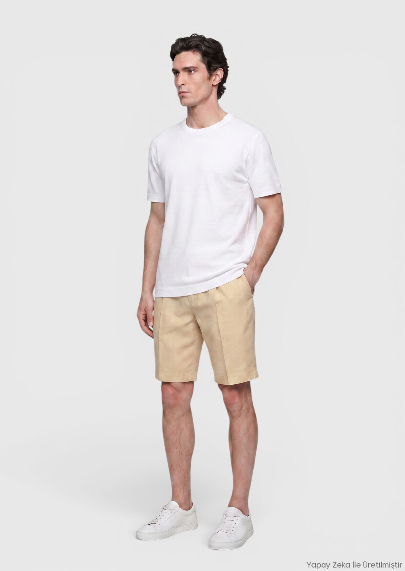 Light Yellow Casual Fit Casual Linen Blended Bermuda - RAMSEY