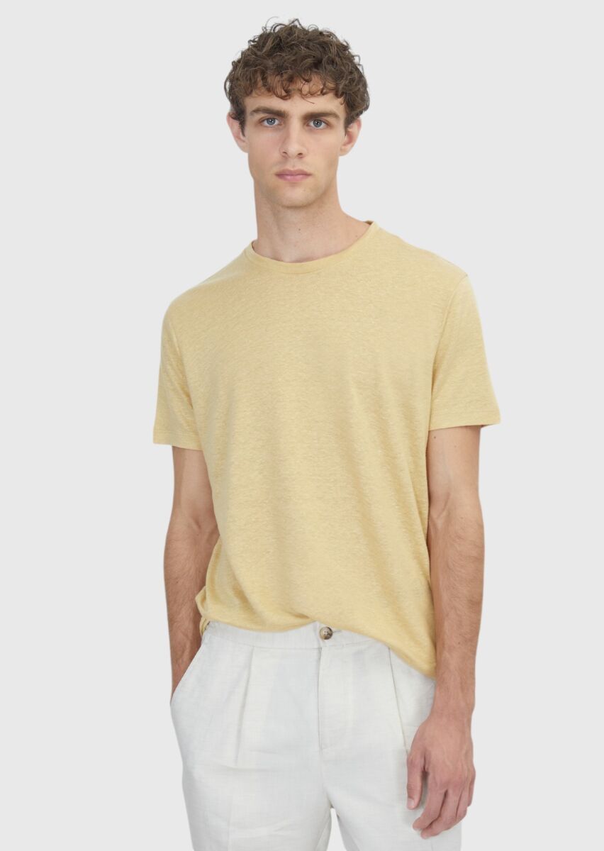 Light Yellow Plain 100% Linen T-Shirt - 1