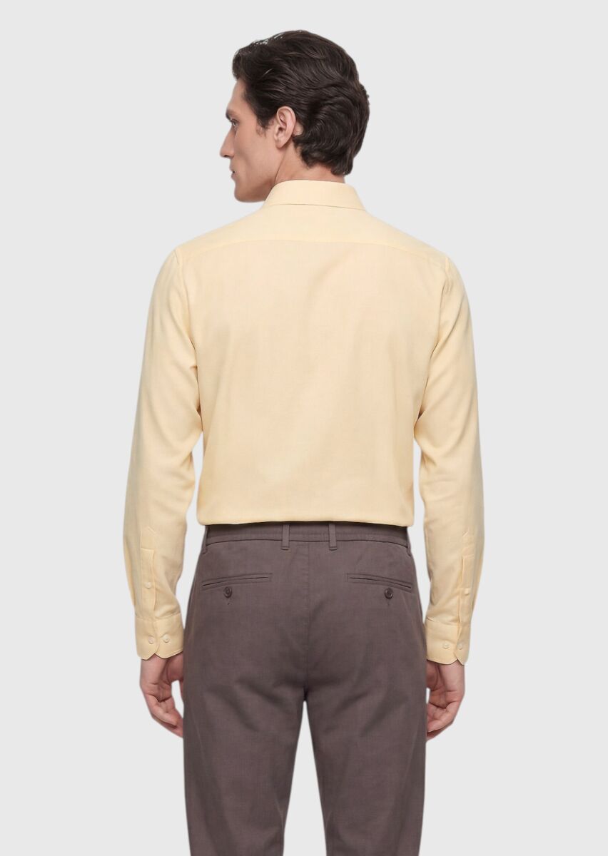 Light Yellow Plain Casual Fit Long Weaving Casual 100% Cotton Shirt - 4
