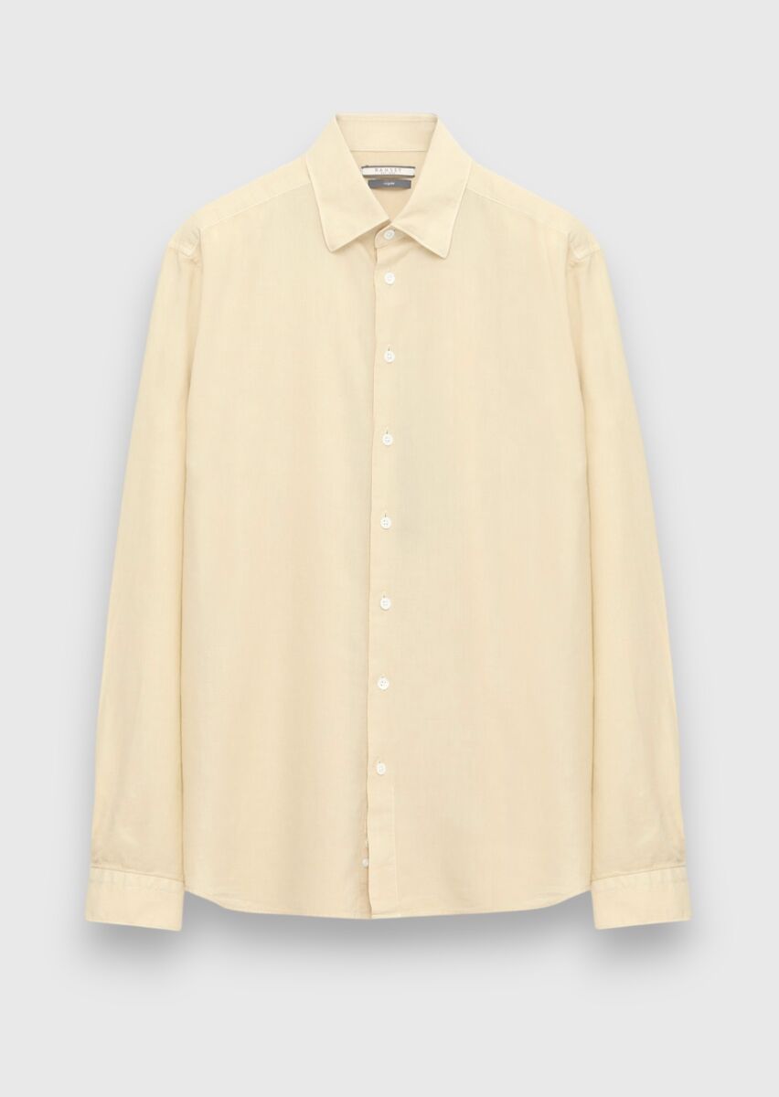 Light Yellow Plain Casual Fit Long Weaving Casual 100% Cotton Shirt - 5