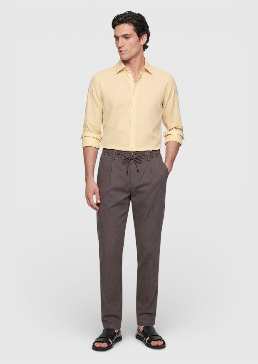 Light Yellow Plain Casual Fit Weaving Casual 100% Cotton Shirt - 3