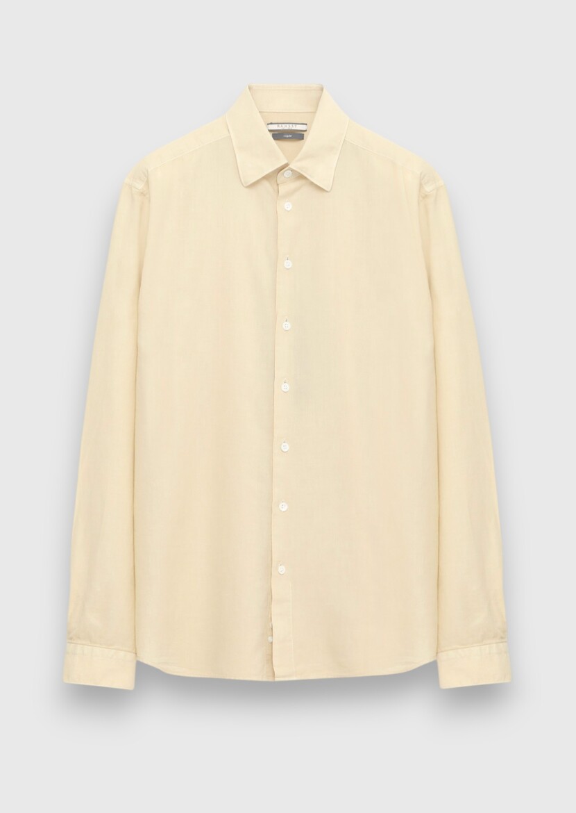 Light Yellow Plain Casual Fit Weaving Casual 100% Cotton Shirt - 5