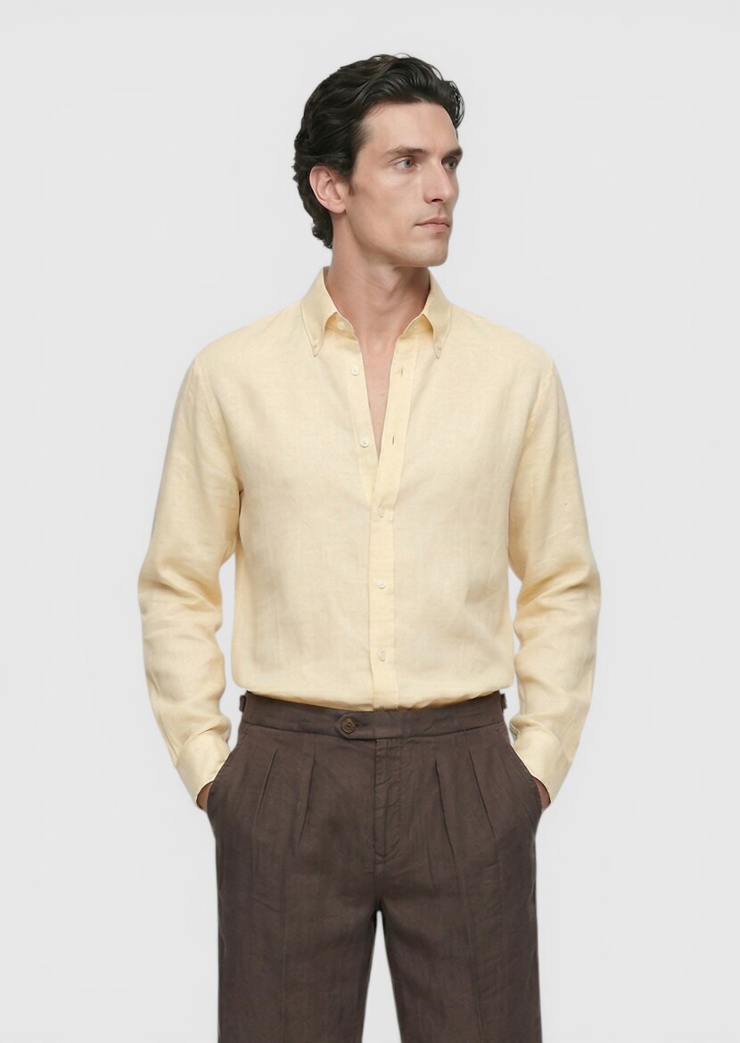 Light Yellow Plain Regular Fit Long Weaving Casual Cotton Blended Shirt 