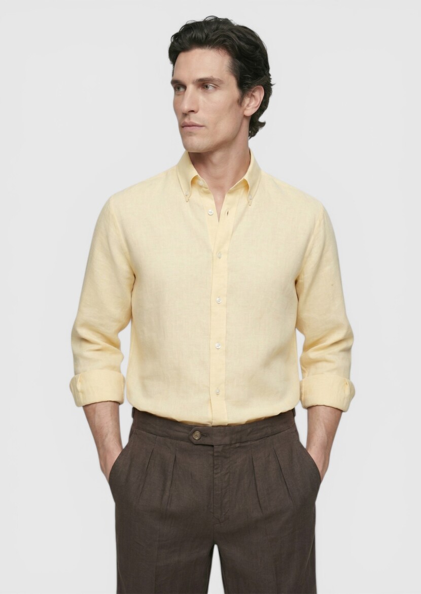 Light Yellow Plain Regular Fit Long Weaving Casual Cotton Blended Shirt - 3