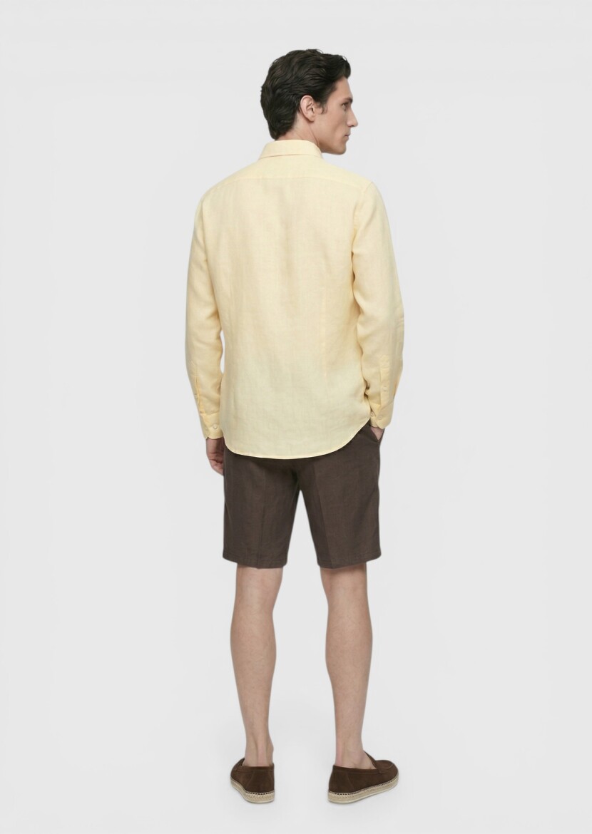 Light Yellow Plain Regular Fit Long Weaving Casual Cotton Blended Shirt - 4