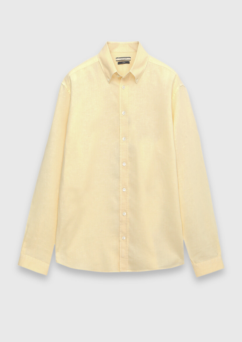 Light Yellow Plain Regular Fit Long Weaving Casual Cotton Blended Shirt - 5