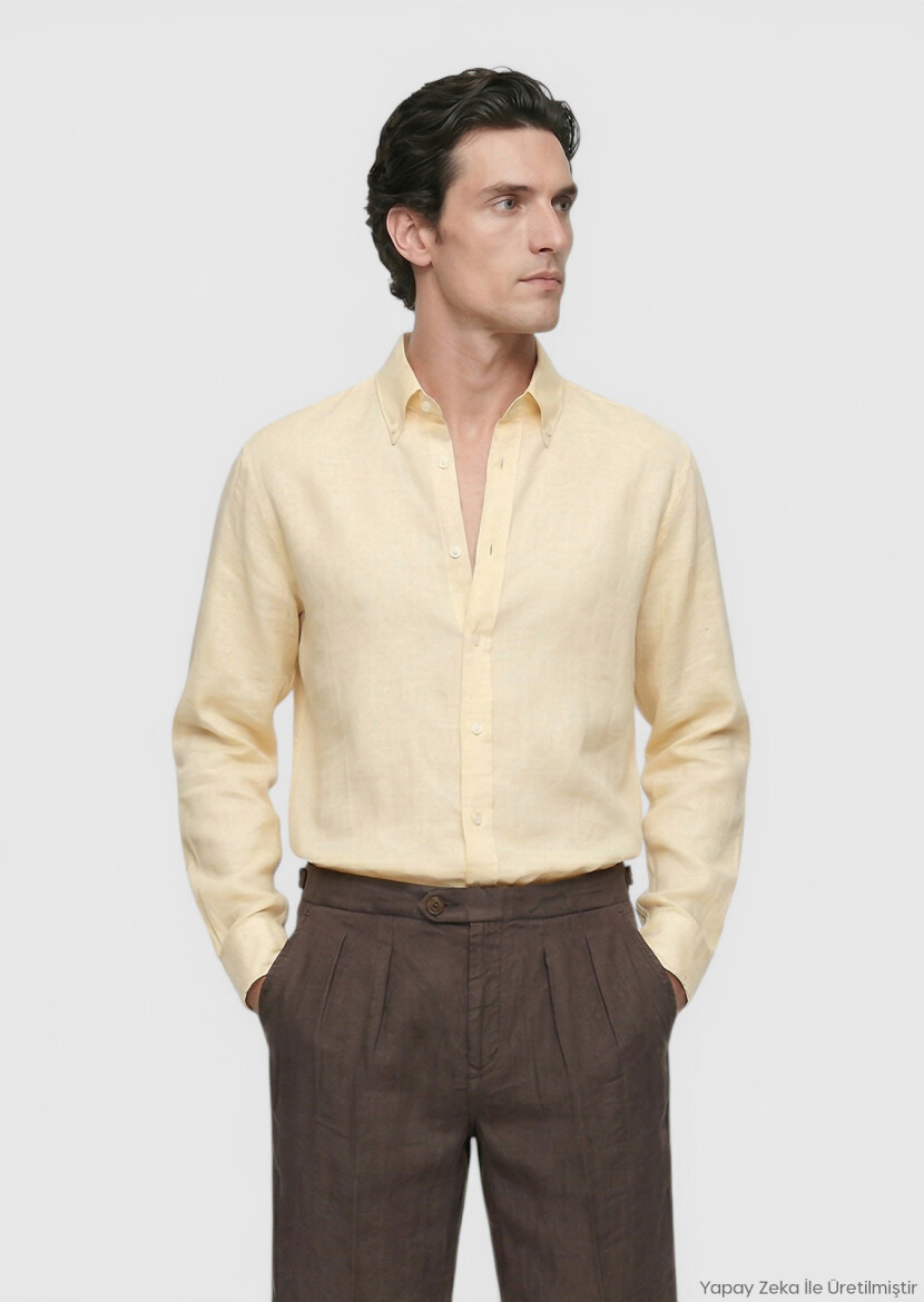 Light Yellow Plain Regular Fit Long Weaving Casual Cotton Blended Shirt - RAMSEY