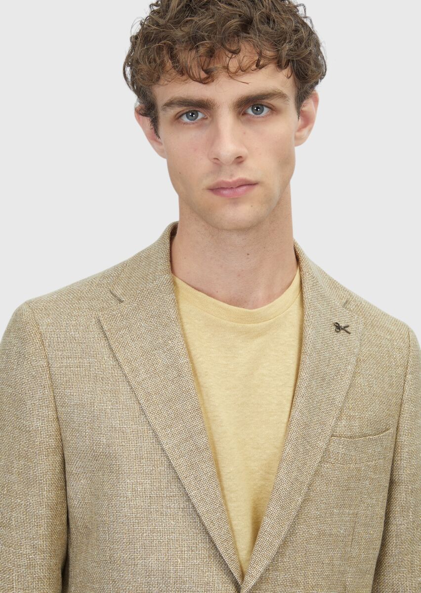 Light Yellow Shirt Shoulder Slim Fit Wool Blended Jacket - 3