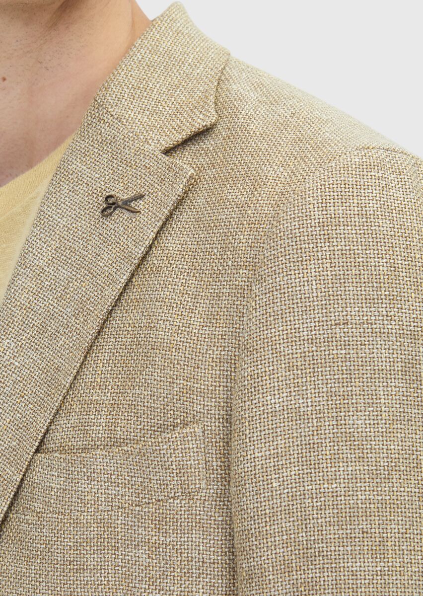 Light Yellow Shirt Shoulder Slim Fit Wool Blended Jacket - 4