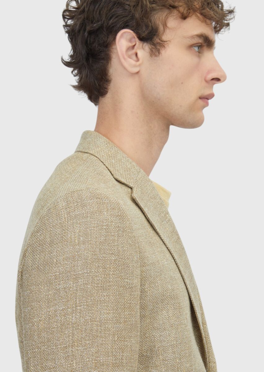 Light Yellow Shirt Shoulder Slim Fit Wool Blended Jacket - 5