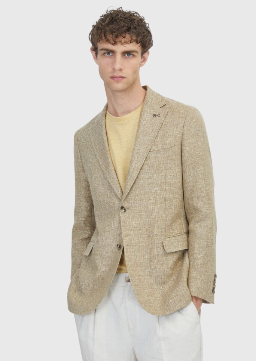 Light Yellow Shirt Shoulder Slim Fit Wool Blended Jacket - 1
