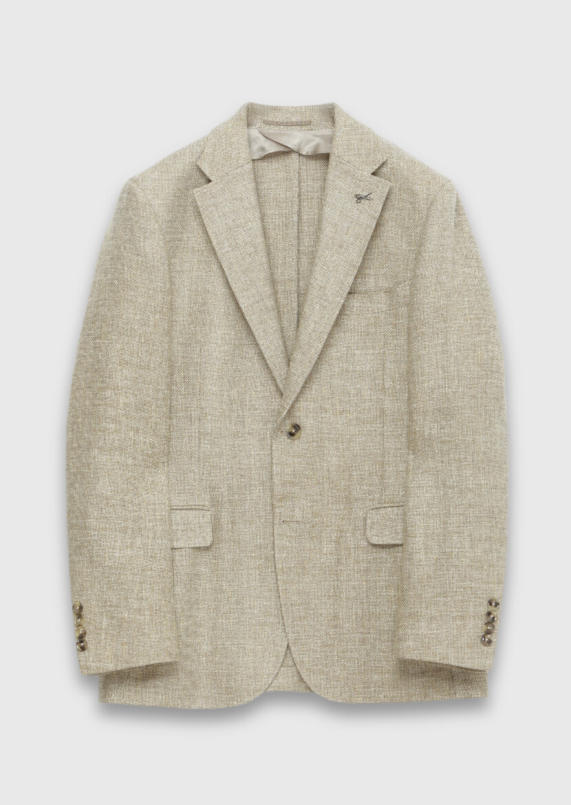 Light Yellow Shirt Shoulder Slim Fit Wool Blended Jacket - 7