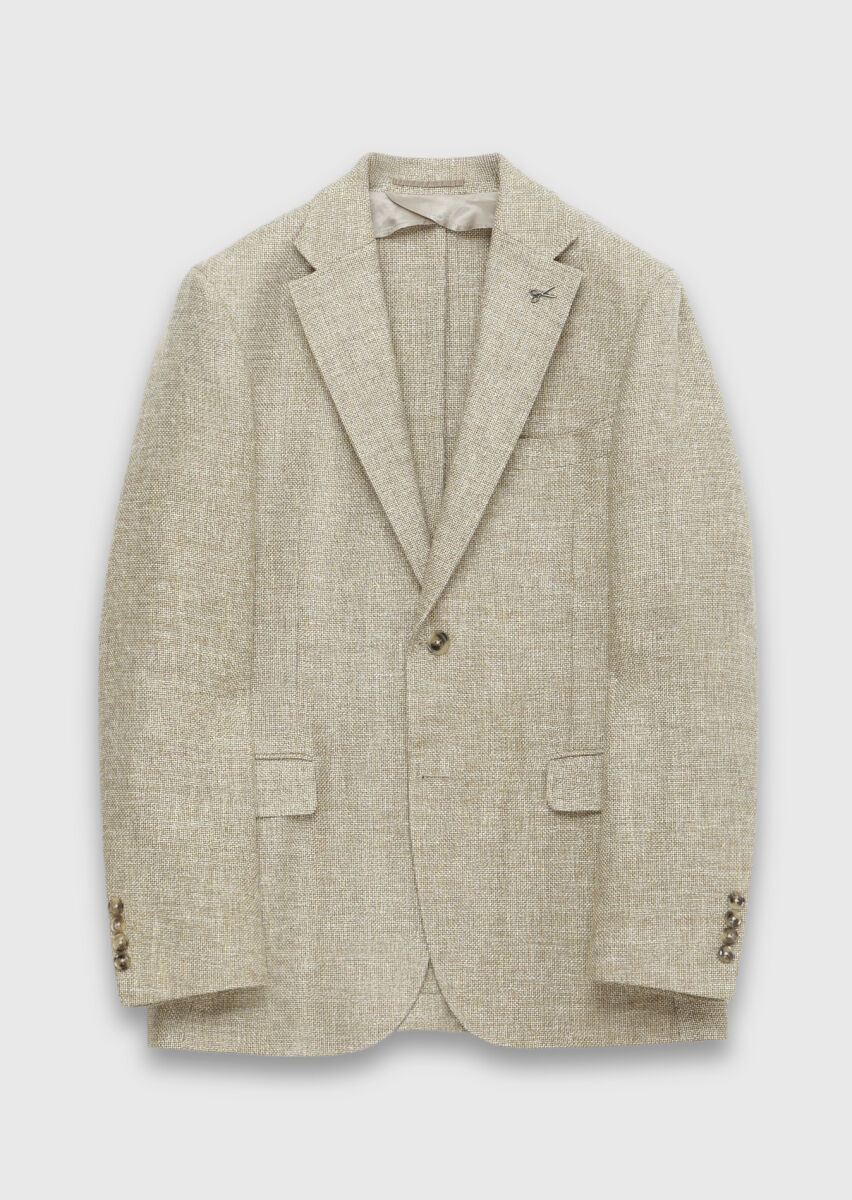 Light Yellow Shirt Shoulder Slim Fit Wool Blended Jacket - 7