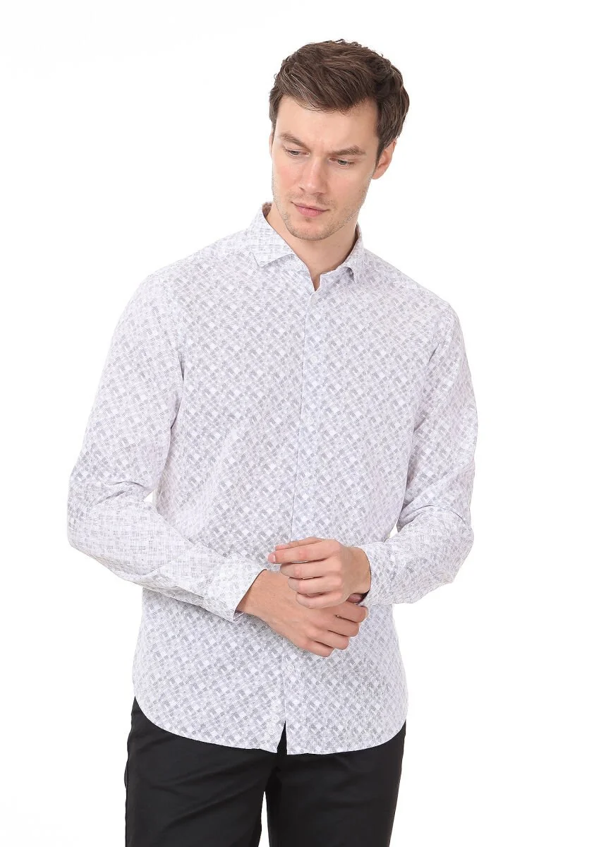 Lila Baskılı Slim Fit Dokuma Casual %100 Pamuk Gömlek - 1