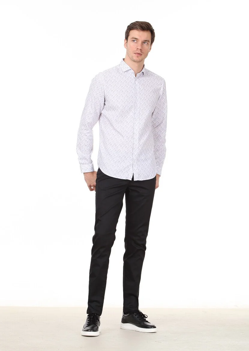 Lila Baskılı Slim Fit Dokuma Casual %100 Pamuk Gömlek - 3