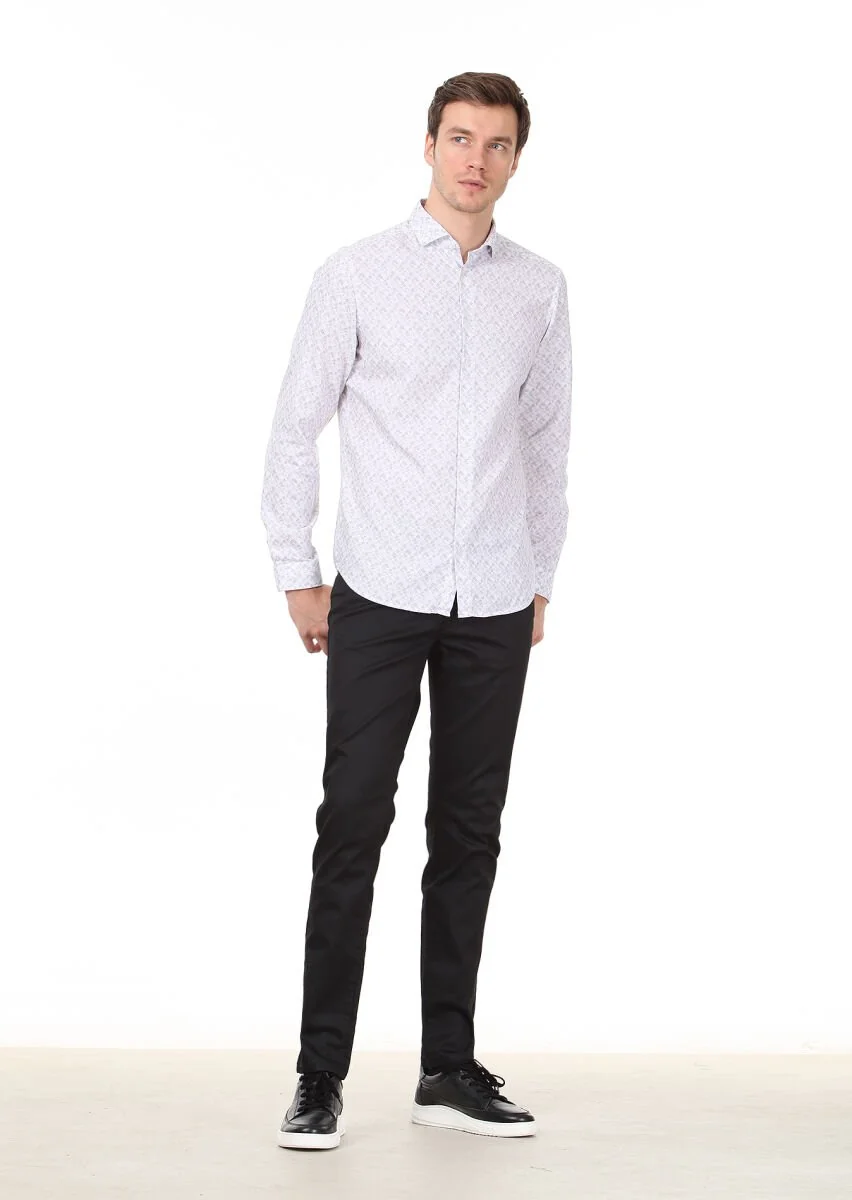 Lila Baskılı Slim Fit Dokuma Casual %100 Pamuk Gömlek - 3