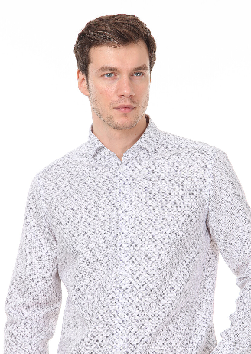 Lila Baskılı Slim Fit Uzun Dokuma Casual %100 Pamuk Gömlek 