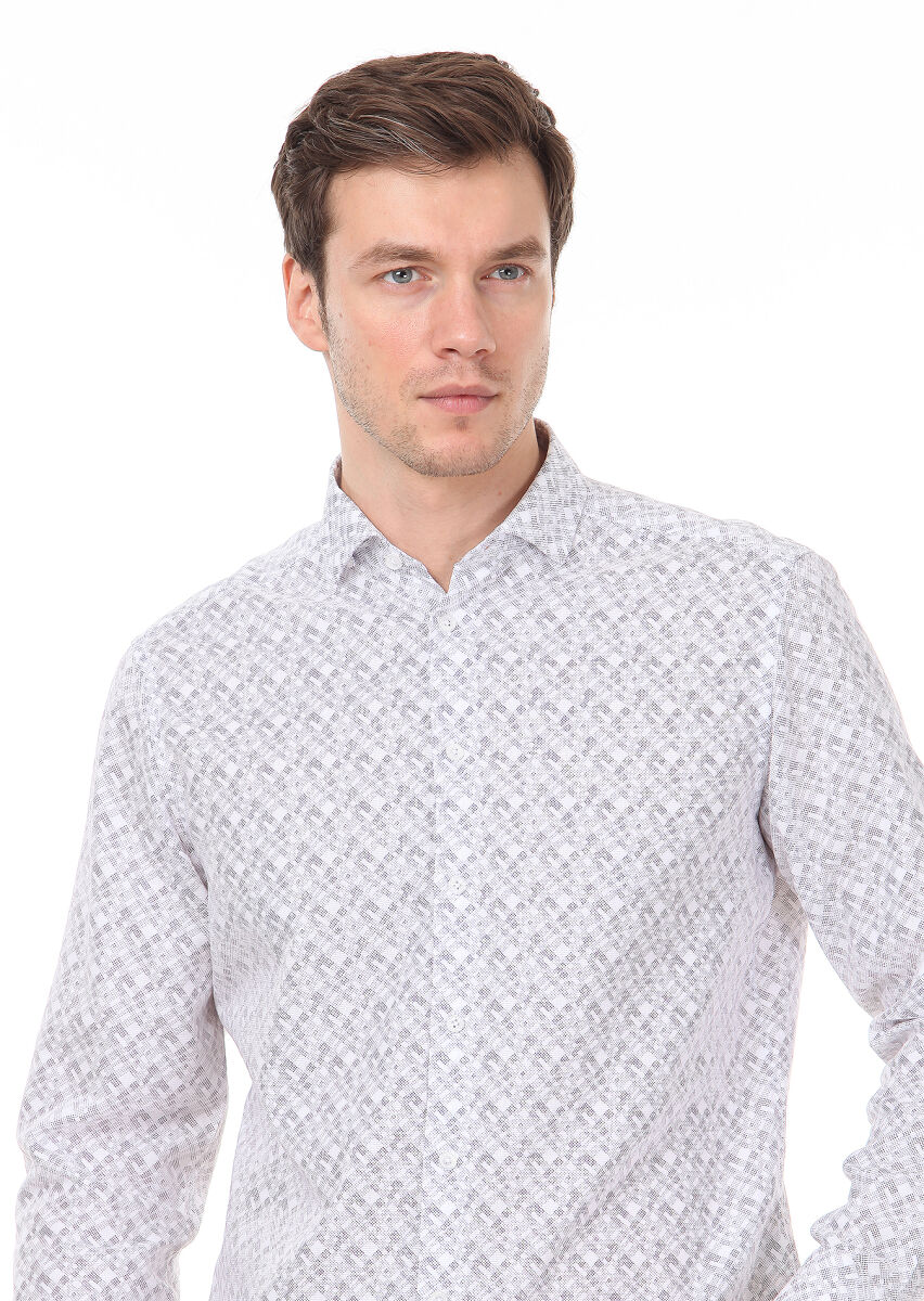 Lila Baskılı Slim Fit Uzun Dokuma Casual %100 Pamuk Gömlek - 2