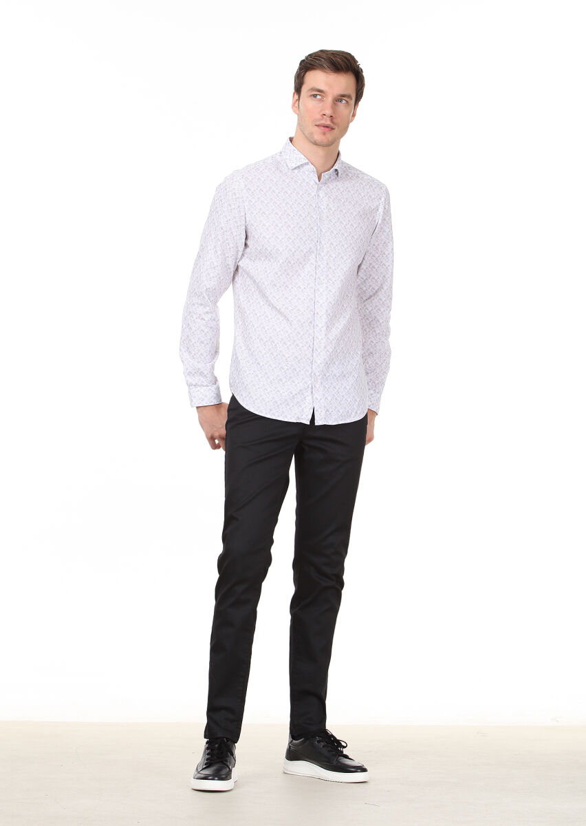 Lila Baskılı Slim Fit Uzun Dokuma Casual %100 Pamuk Gömlek - 3