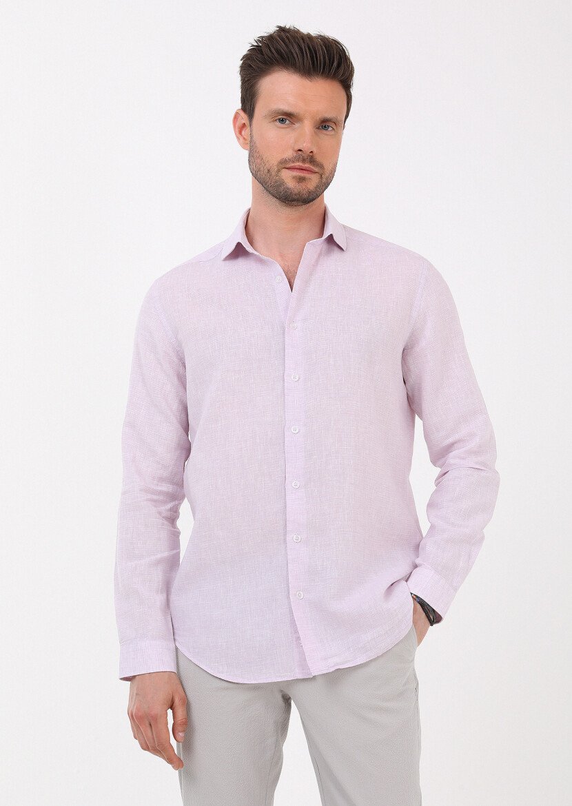 Lila Çizgili Regular Fit Dokuma Casual Pamuk Karışımlı Gömlek - 1