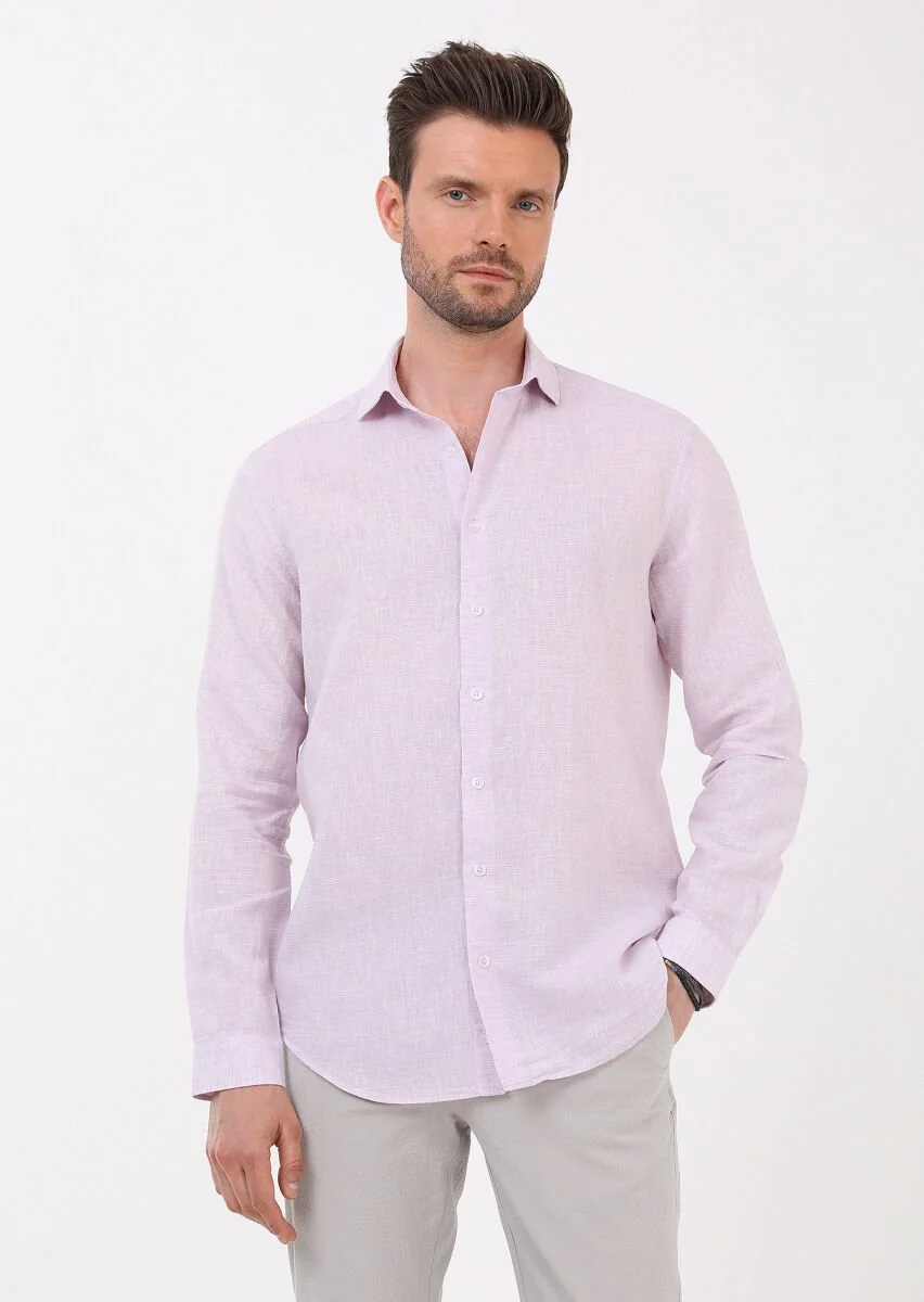 Lila Çizgili Regular Fit Dokuma Casual Pamuk Karışımlı Gömlek - 1