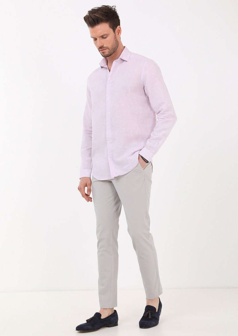 Lila Çizgili Regular Fit Dokuma Casual Pamuk Karışımlı Gömlek - 4