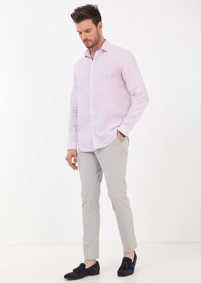 Lila Çizgili Regular Fit Dokuma Casual Pamuk Karışımlı Gömlek - 4