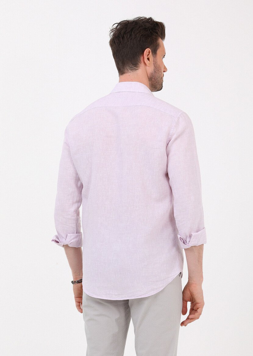 Lila Çizgili Regular Fit Dokuma Casual Pamuk Karışımlı Gömlek - 5