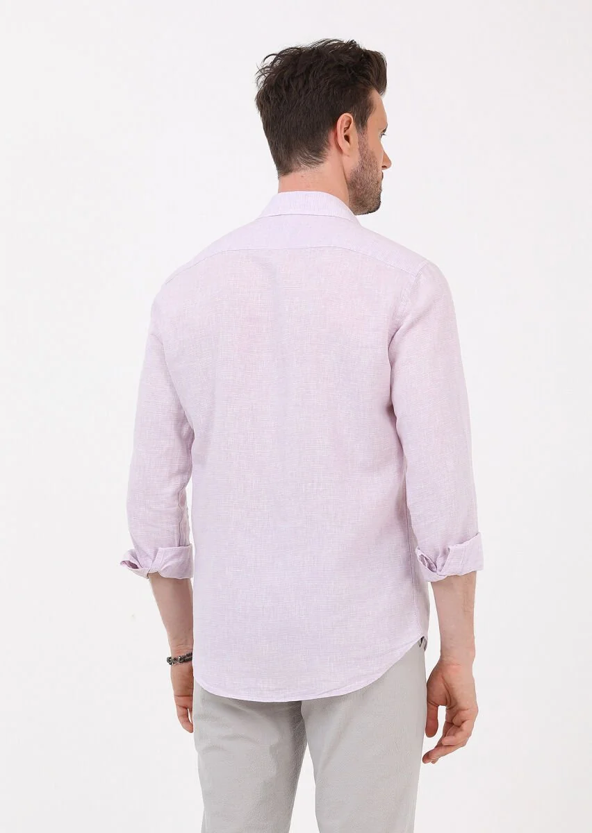 Lila Çizgili Regular Fit Dokuma Casual Pamuk Karışımlı Gömlek - 5