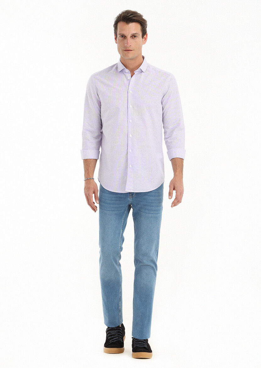 Lila Çizgili Regular Fit Dokuma Casual Pamuk Karışımlı Gömlek - 1