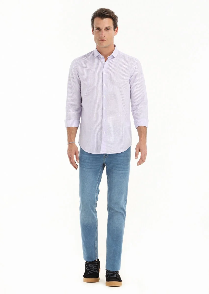 Lila Çizgili Regular Fit Dokuma Casual Pamuk Karışımlı Gömlek - 1