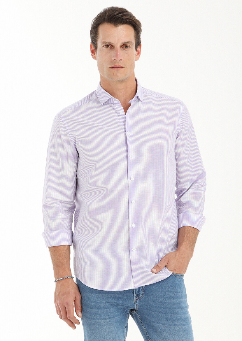 Lila Çizgili Regular Fit Dokuma Casual Pamuk Karışımlı Gömlek - 3