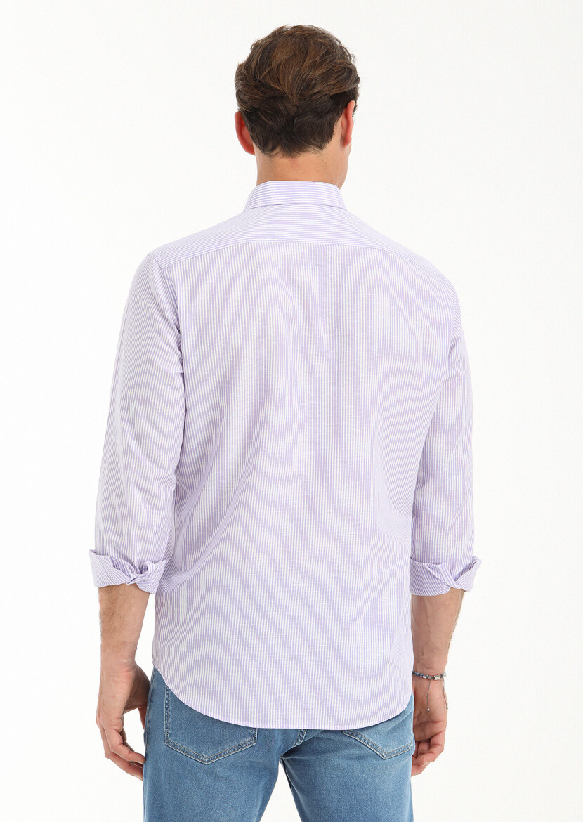 Lila Çizgili Regular Fit Dokuma Casual Pamuk Karışımlı Gömlek - 4