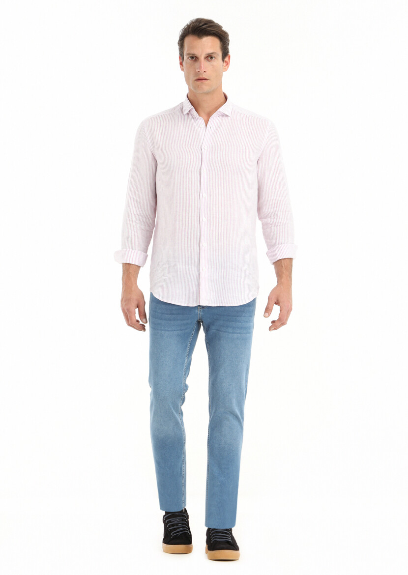 Lila Çizgili Regular Fit Uzun Dokuma Casual %100 Keten Gömlek - 1