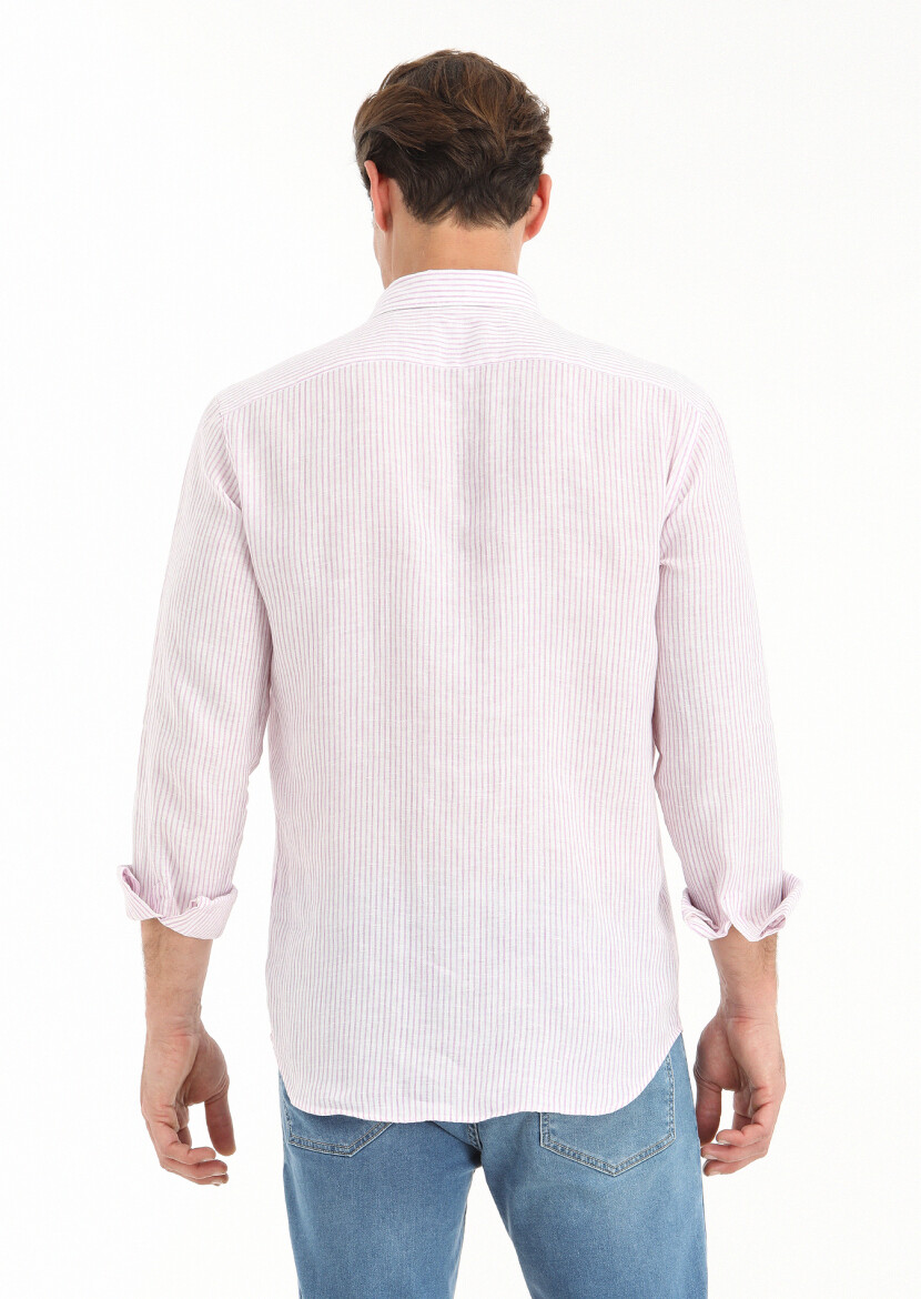 Lila Çizgili Regular Fit Uzun Dokuma Casual %100 Keten Gömlek 