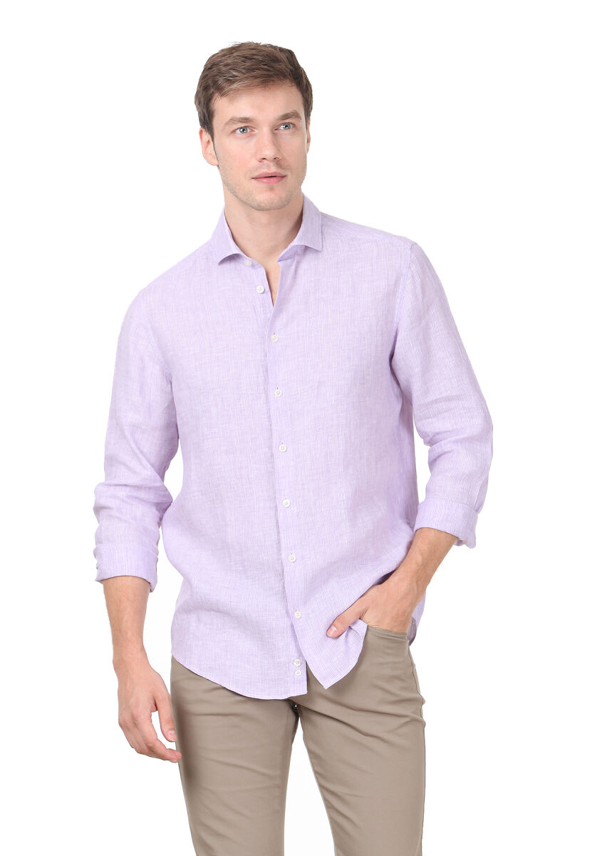 Lila Çizgili Regular Fit Uzun Dokuma Casual %100 Pamuk Gömlek - 1