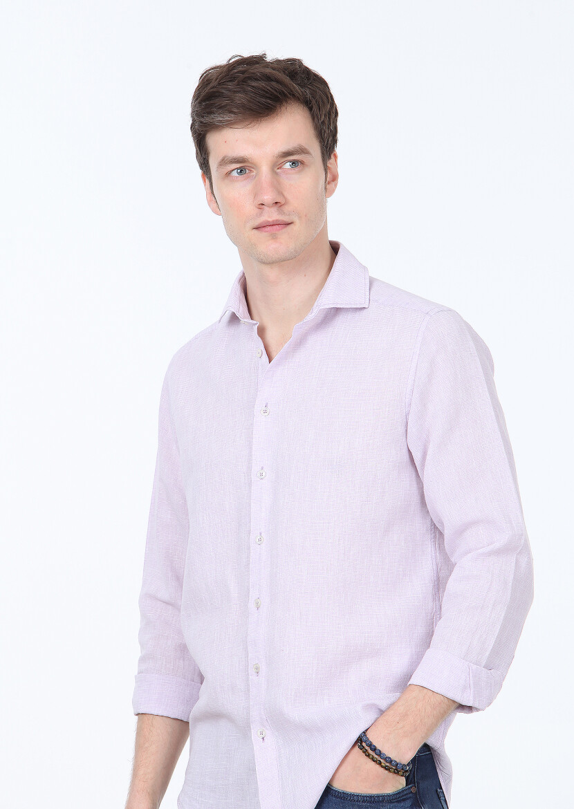 Lila Çizgili Regular Fit Uzun Dokuma Casual Pamuk Karışımlı Gömlek - 3