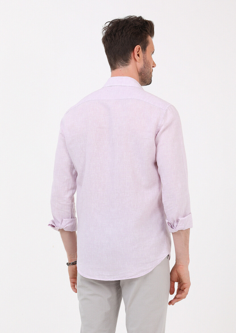 Lila Çizgili Regular Fit Uzun Dokuma Casual Pamuk Karışımlı Gömlek - 3