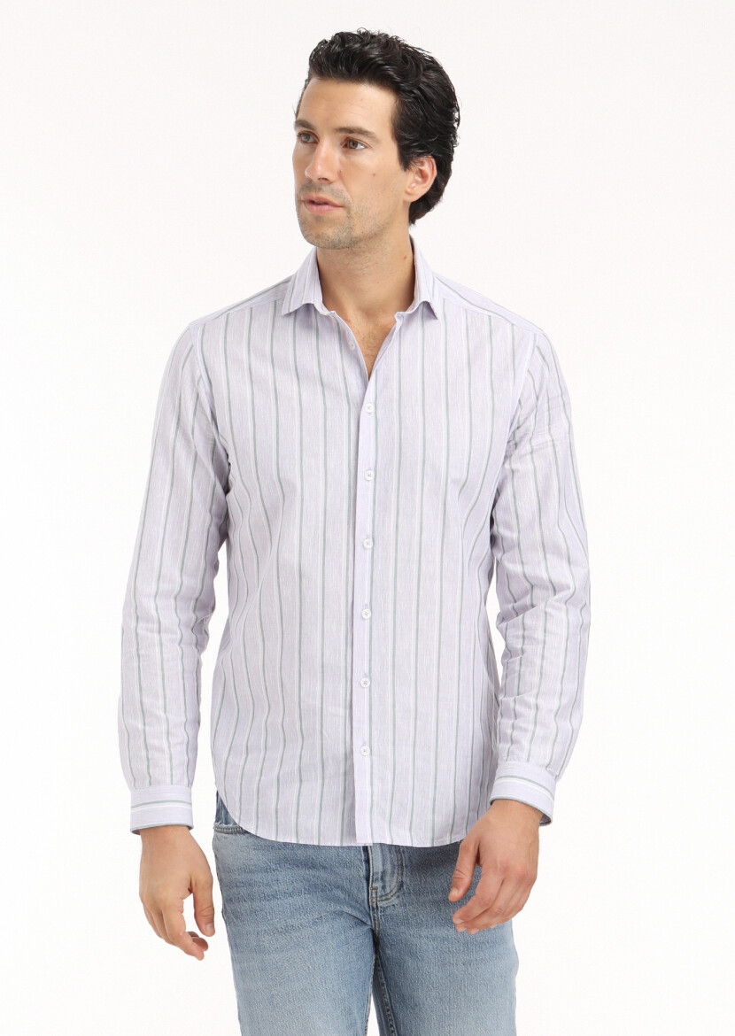 Lila Çizgili Regular Fit Uzun Dokuma Casual Pamuk Karışımlı Gömlek - 2