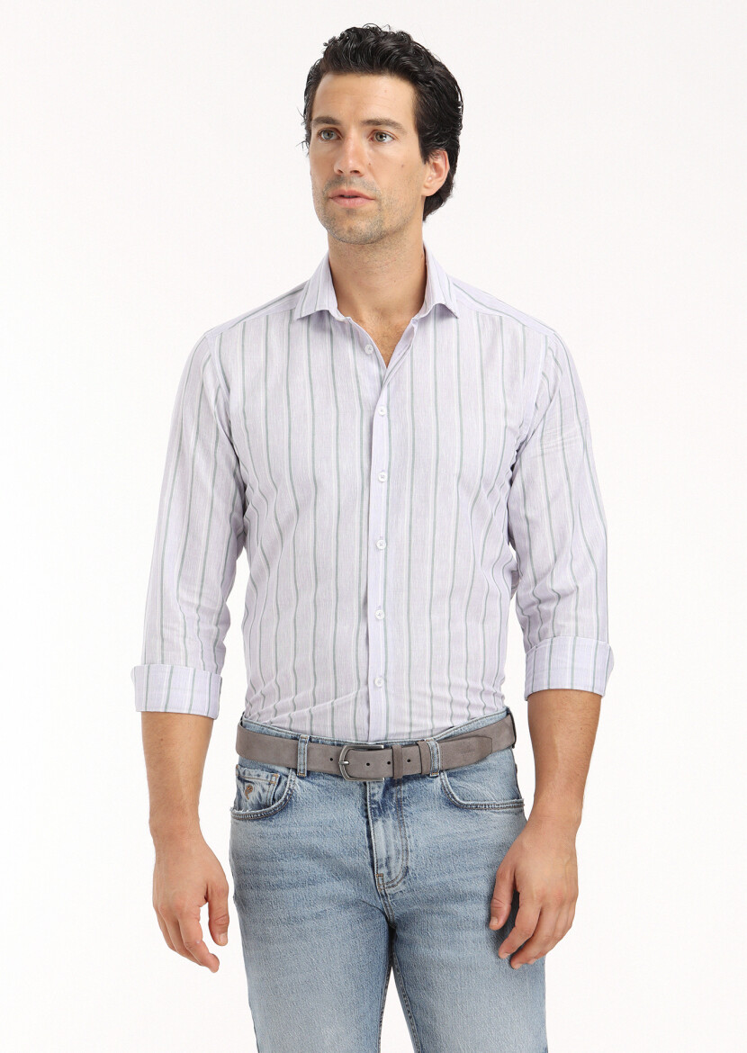 Lila Çizgili Regular Fit Uzun Dokuma Casual Pamuk Karışımlı Gömlek - 3