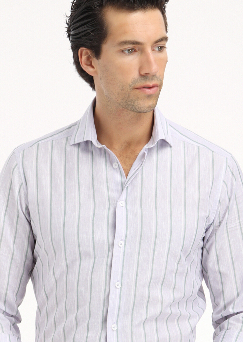 Lila Çizgili Regular Fit Uzun Dokuma Casual Pamuk Karışımlı Gömlek - 4