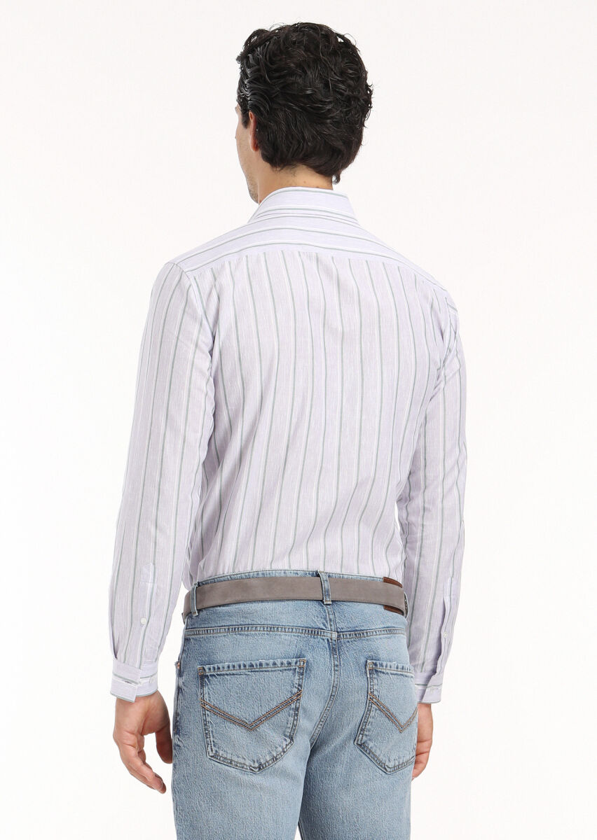 Lila Çizgili Regular Fit Uzun Dokuma Casual Pamuk Karışımlı Gömlek - 6