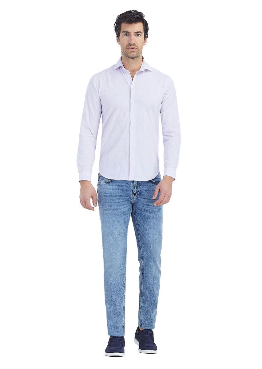 Lila Çizgili Regular Fit Uzun Dokuma Casual Pamuk Karışımlı Gömlek - 1