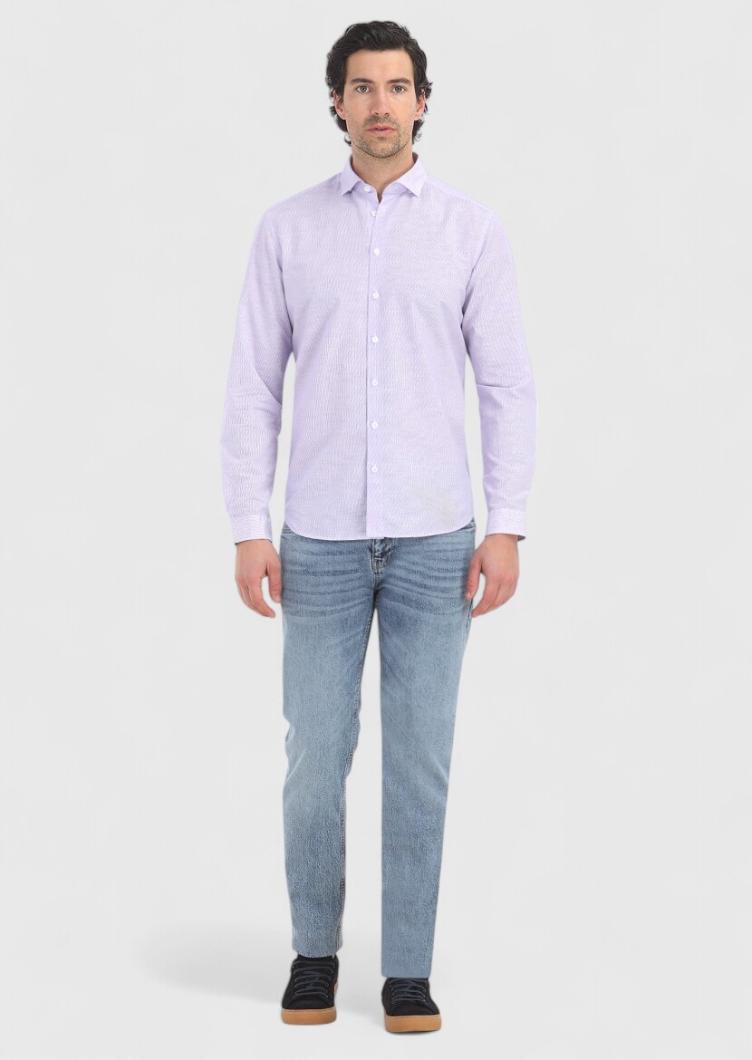 Lila Çizgili Regular Fit Uzun Dokuma Casual Pamuk Karışımlı Gömlek - 1
