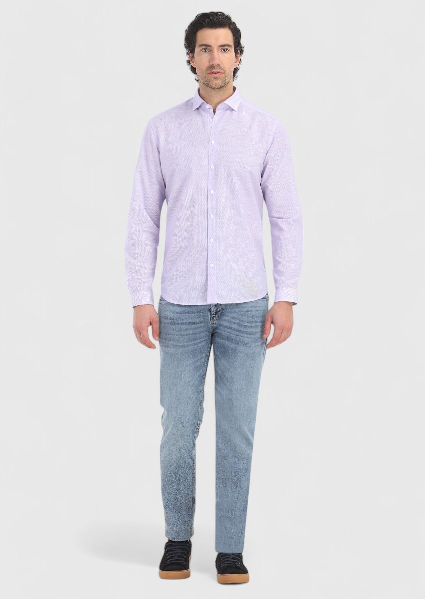 Lila Çizgili Regular Fit Uzun Dokuma Casual Pamuk Karışımlı Gömlek - 1